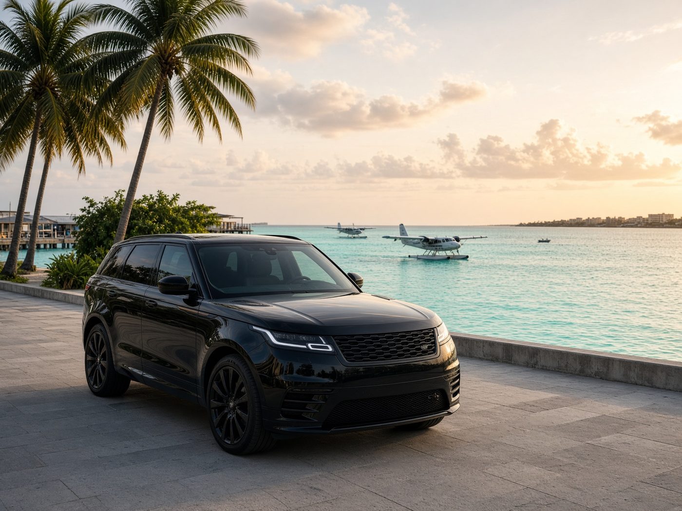 Private car waiting at a Maldives airport waterfront