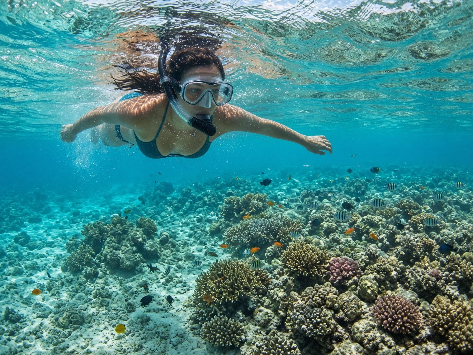 Snorkeller over a coral reef in clear Maldives water